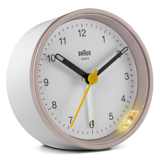 Braun BC12, Quartz alarm clock, Round, Pink, White, Analog, Yellow, Battery