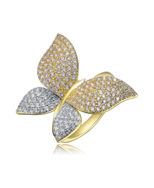 Radiant 14k Gold Plated Large Garden Butterfly Ring with Cubic Zirconia