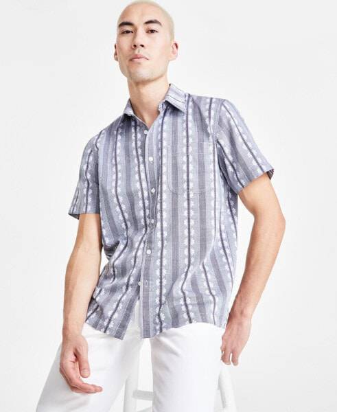 Men's Elias Short Sleeve Button-Front Textured Multi-Print Shirt, Created for Macy's