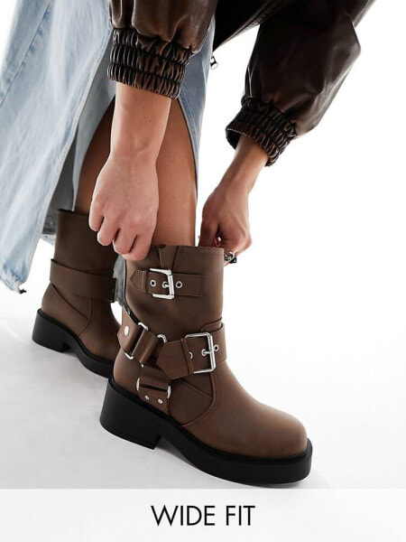 ASOS DESIGN Wide Fit Aim harness biker ankle boot in brown