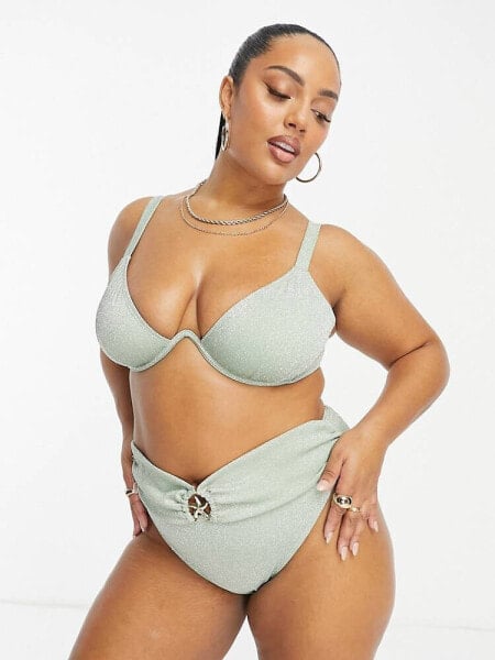 South Beach Curve underwire bikini top in sage green glitter