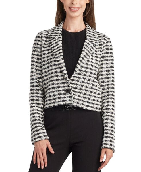 Juniors' Textured Check One-Button Cropped Jacket
