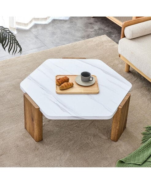 Modern MDF Coffee Table with White Top & Wooden Legs