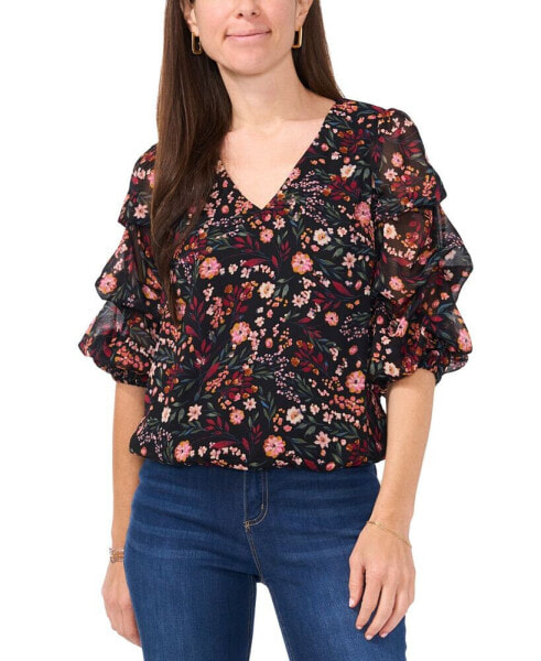 Petite V-Neck Floral-Print 3/4-Sleeve Top