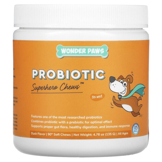 Wonder Paws, Probiotic, супергеройские жевательные таблетки для собак, для всех возрастов, для утки, 90 мягких жевательных таблеток