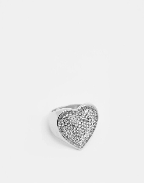 ASOS DESIGN heart signet ring with clear crystal pave in silver tone