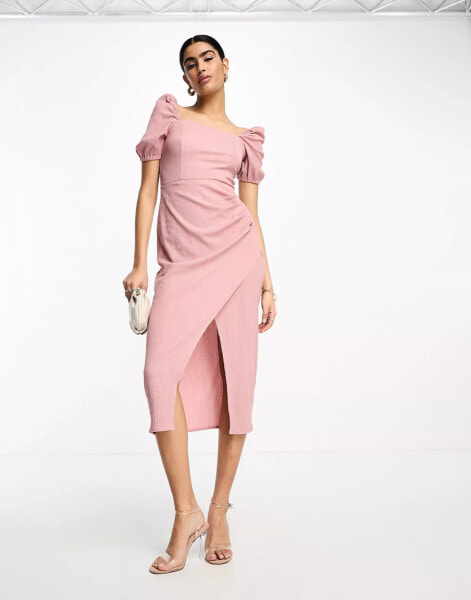 ASOS DESIGN textured square neck puff sleeve midi dress in dusty pink