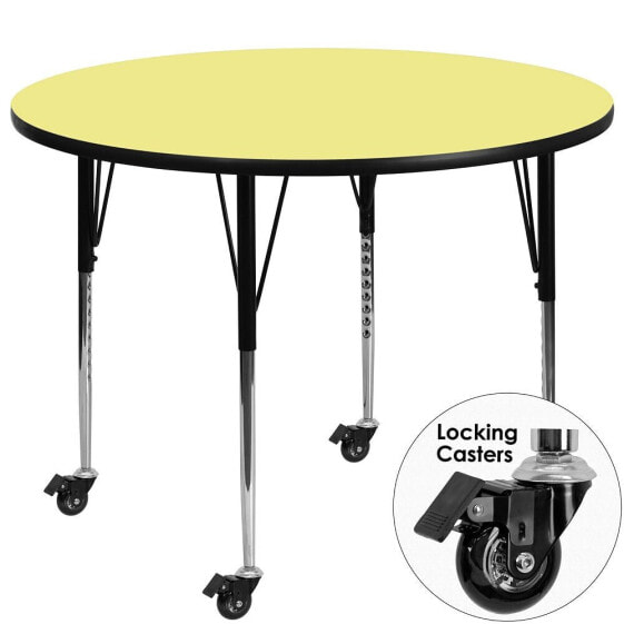 Mobile 48'' Round Yellow Thermal Laminate Activity Table - Standard Height Adjustable Legs
