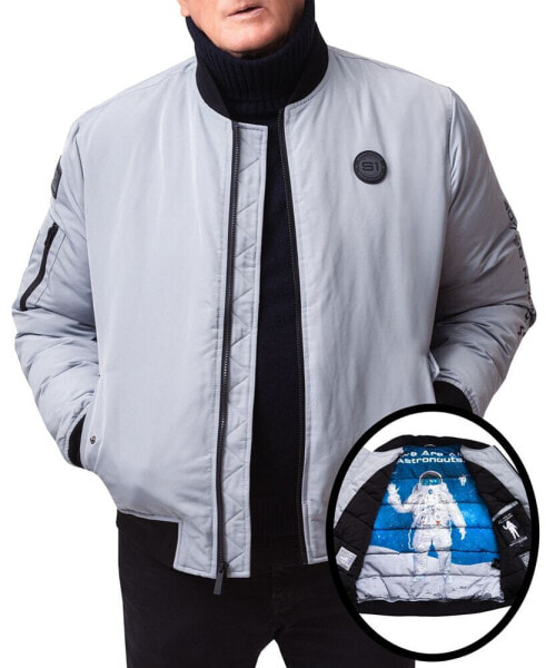 Men's Nasa Inspired Hooded Bomber Jacket with Printed Astronaut Interior