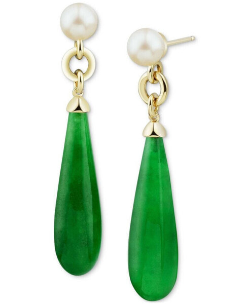 Cultured Freshwater Pearl (7mm) & Dyed Jade Briolette Drop Earrings in 14k Gold-Plated Sterling Silver