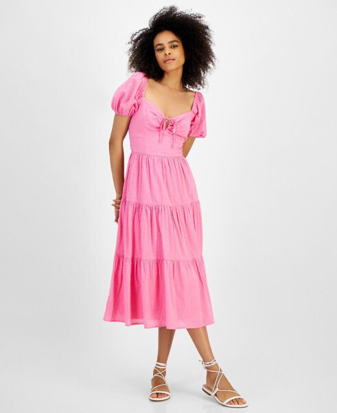 Juniors' Textured Puff-Sleeve Tiered Midi Dress