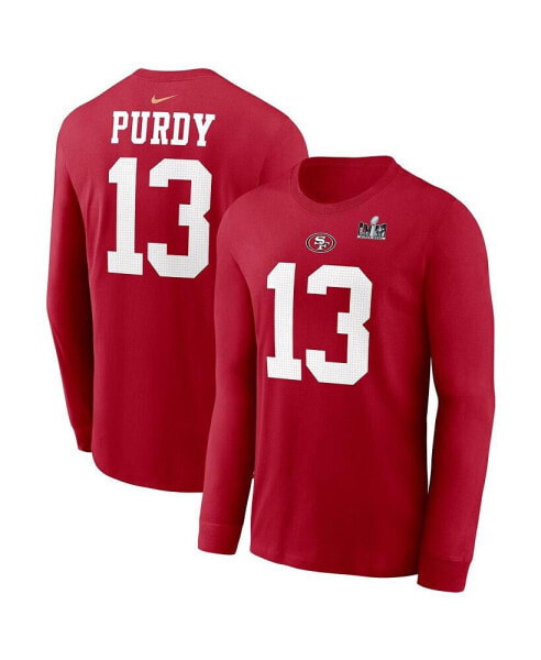 Футболка длинный рукав Nike мужская Brock Purdy Scarlet San Francisco 49ers с эмблемой Super Bowl LVIII и именем игрока.