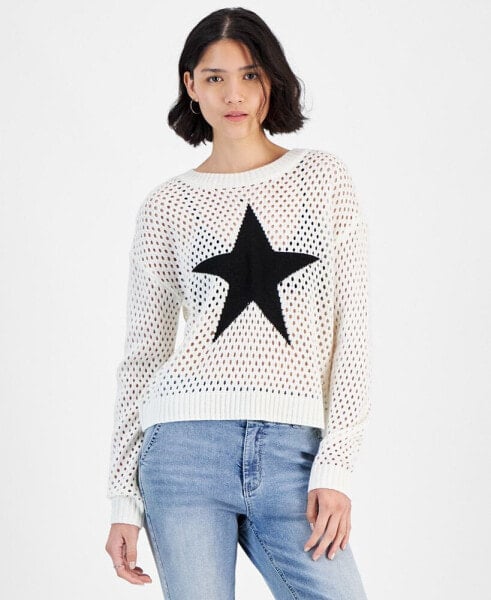 Juniors' Long-Sleeve Mesh Star Sweater