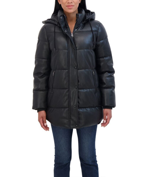 Women's Faux Leather 3/4 Puffer Jacket With Hood