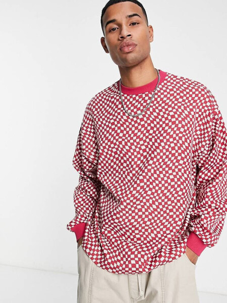 ASOS DESIGN oversized sweatshirt in red textured checkerboard