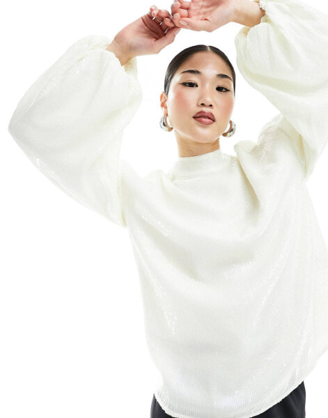 & Other Stories all over sequin blouse with volume sleeves in white