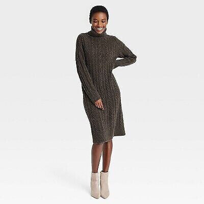 Women's Turtleneck Long Sleeve Cozy Sweater Dress - A New Day Brown L
