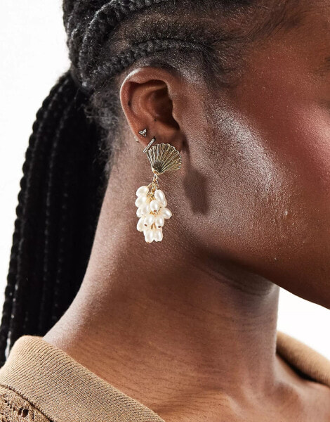 DesignB London shell and pearl drop earrings in gold