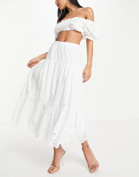 French Connection cotton tiered maxi skirt in white embroidery - WHITE