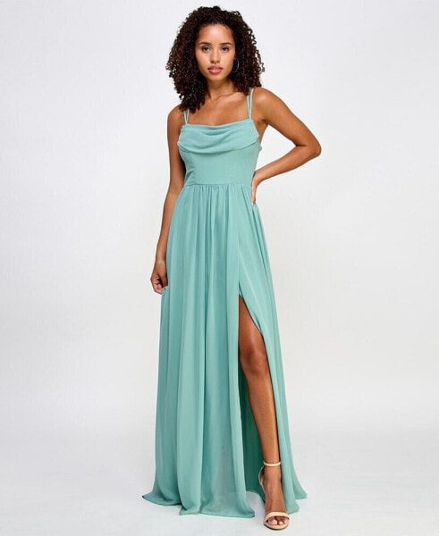 Juniors' Cowl Neck Lace-Back Gown