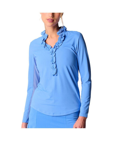 Women's LONG SLEEVE DOUBLE RUFFLE TOP TILE BLUE XLarge