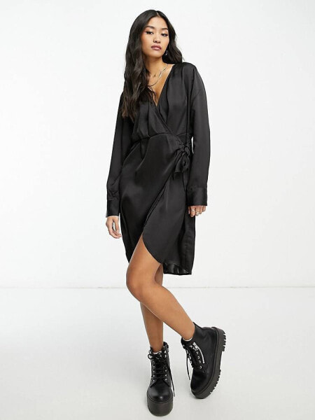 Pieces satin wrap tie side mini dress in black