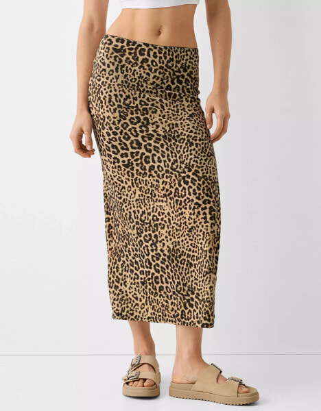 Bershka polyamide maxi skirt in leopard print