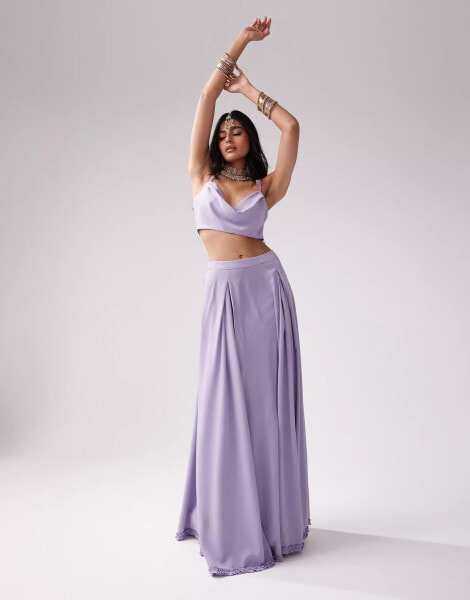 Kanya London Bridesmaid Lehenga chiffon full flare skirt co-ord in lilac grey