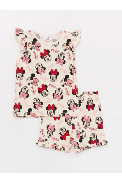 Bisiklet Yaka Minnie Mouse Baskılı Kız Bebek Şortlu Pijama Takımı