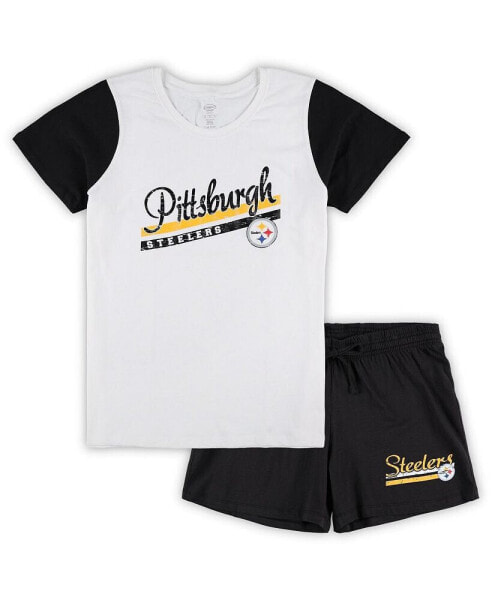 Women's White, Black Pittsburgh Steelers Plus Size Downfield T-shirt and Shorts Sleep Set