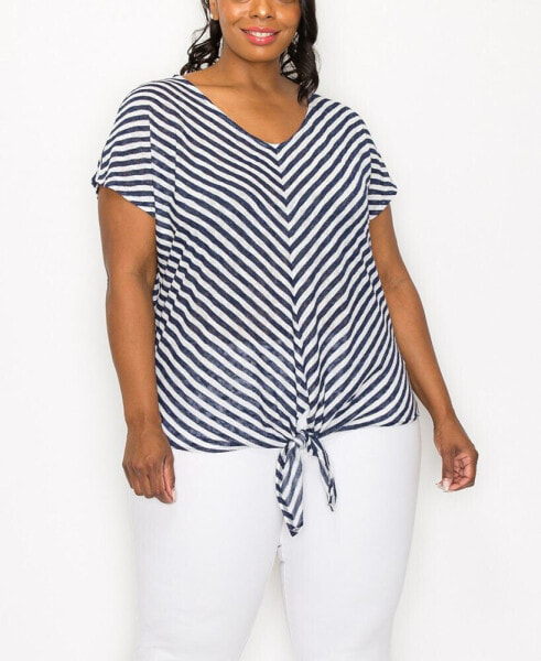 Plus Size Slub Stripe Chevron Tie Front Short Sleeve Top