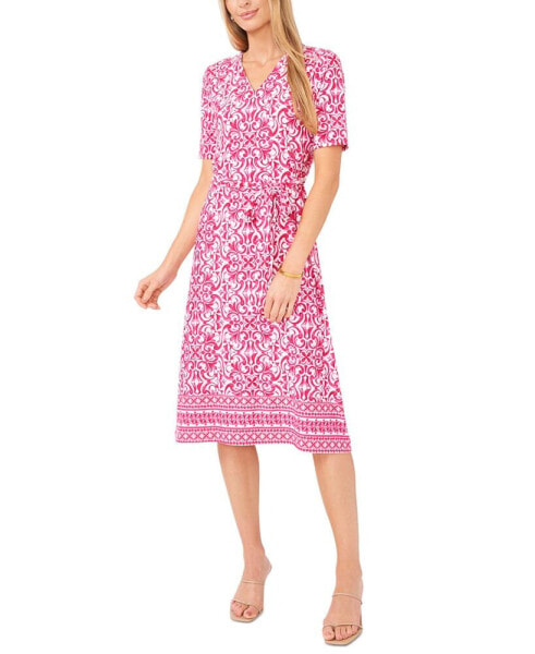 Petite Printed V-Neck Short-Sleeve Tie-Waist Dress