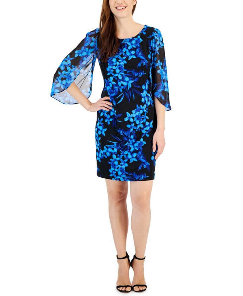 Petite Printed Tulip-Sleeve Chiffon Sheath Dress