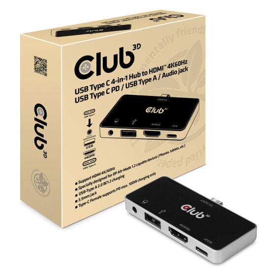 Club 3D USB Type C 4-in-1 Hub to HDMI™ 4K60Hz USB Type C PD / USB Type A / Audio jack - Docking - USB 3.2 Gen 1 (3.1 Gen 1) Type-C - 100 W - 3.5 mm - Black - Chrome - 4K Ultra HD