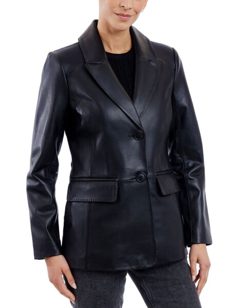 Women's Leather Button-Front Blazer Coat