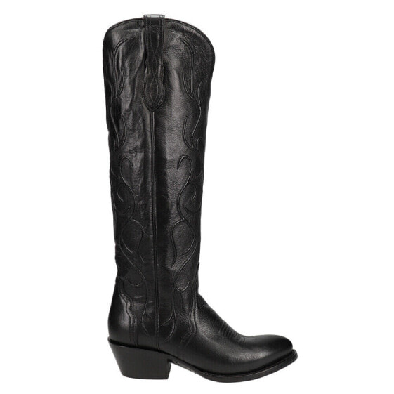 Lucchese Peri Tall Shaft TooledInlay Round Toe Cowboy Womens Black Dress Boots