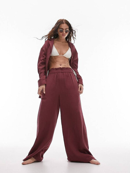 Topshop co-ord casual textured beach shirt in burgundy