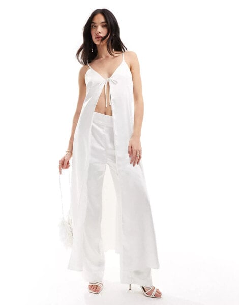 Y.A.S Bridal satin tie front maxi cami top co-ord with train in white