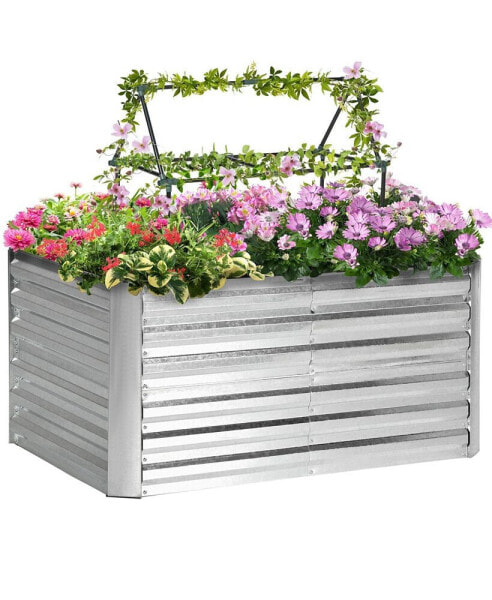 Raised Garden Bed with 2 Trellis Tomato Cages, Galvanized Elevated Planter Box with Reinforcing Rods, Elevated & Metal for Climbing Vines, Grapes, Vegetables, 4' x 3' x 2', Silver