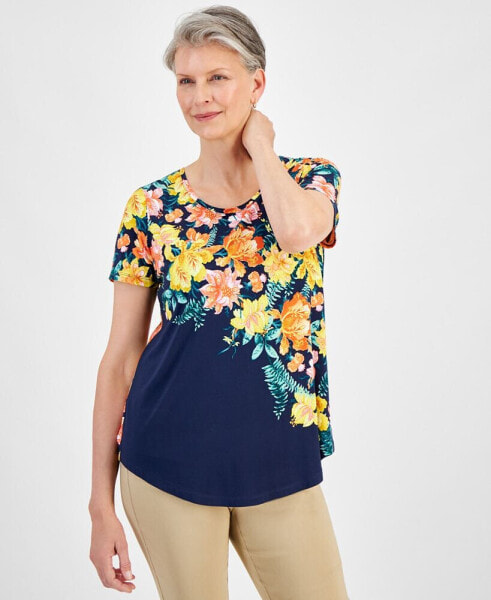 Women's Scoop-Neck Short-Sleeve Printed Knit Top, Created for Macy's