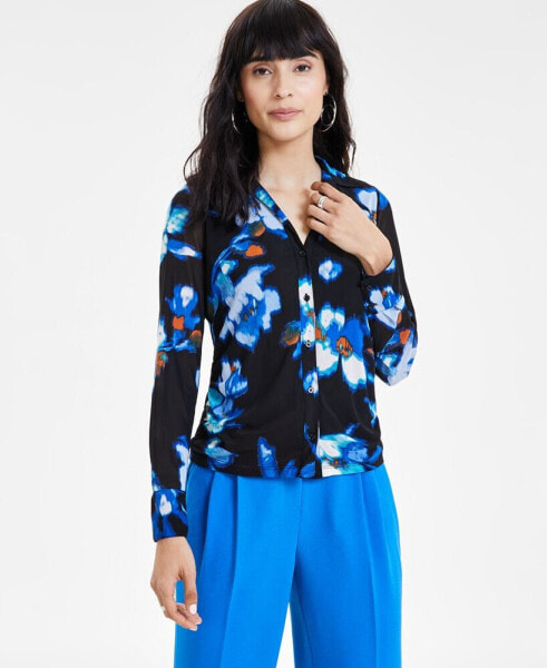 Women's Floral-Print Triple Mesh Shirt, Created for Macy's