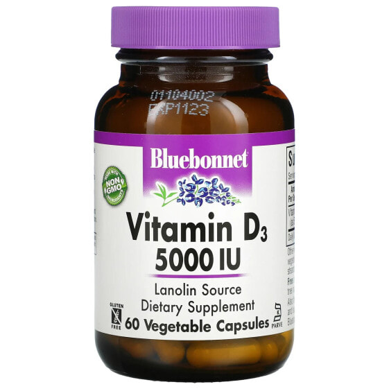 Bluebonnet Nutrition, Витамин D3, 125 мкг (5000 МЕ), 60 растительных капсул