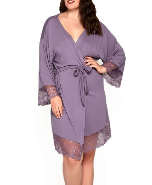 Пижама iCollection Olivia Plus Size с длинным вискозным халатом, кружевными отделками и поясом
