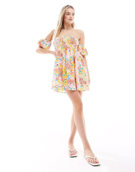 Wednesday's Girl ditsy print shirred off shoulder mini dress in yellow