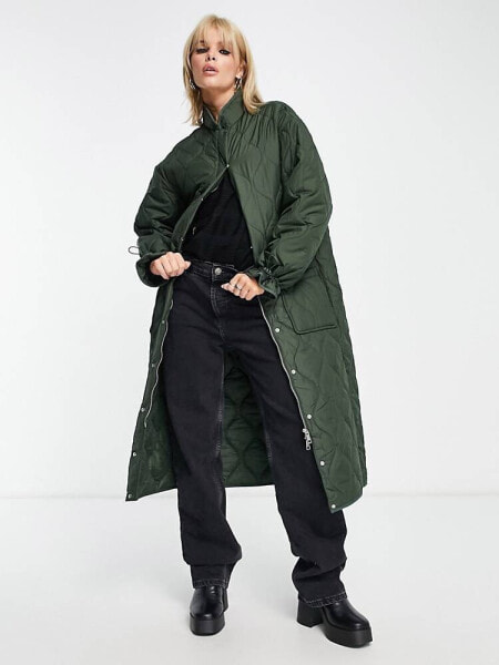 Object onion quilted midi coat in khaki