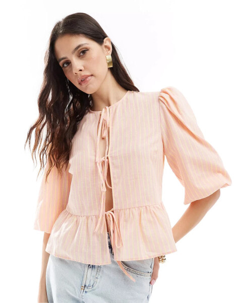 ASOS DESIGN linen blend tie front peplum tie front blouse in pink stripe