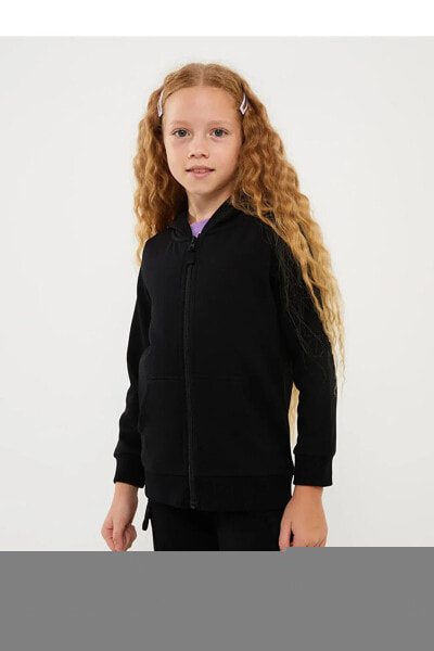 Kapüşonlu Basic Uzun Kollu Kız Çocuk Fermuarlı Sweatshirt