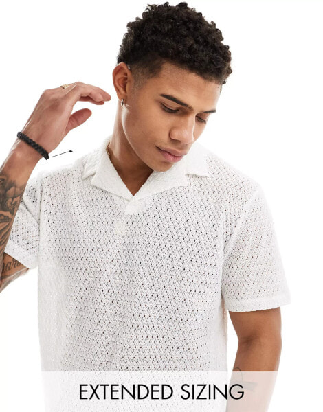 ASOS DESIGN polo with revere collar in white crochet