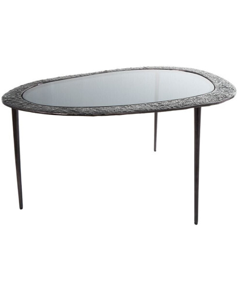 30" x 25" x 18" Aluminum Abstract Oval Shaped Shaded Glass Top and Detailed Engravings Coffee Table