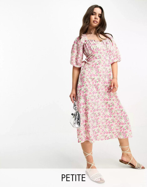 Lola May Petite tie back puff sleeve midi smock dress in pink floral print